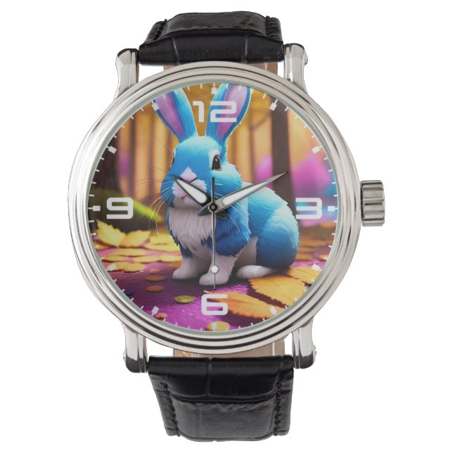 Cute Sitting Blue Bunny Portrait  Watch (Front)