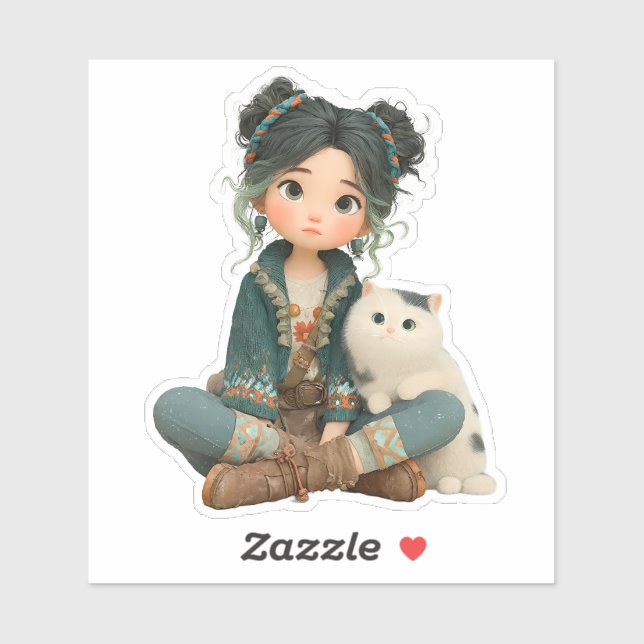 Cute Sitting Girl with Cat – Cozy Character Sticke (Sheet)