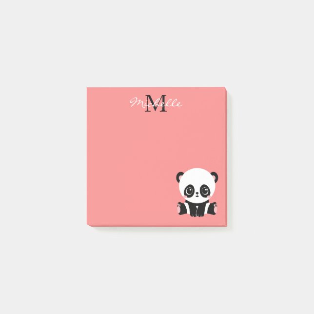 Cute Sitting Panda Monogram Salmon Pink Post-it Notes (Front)