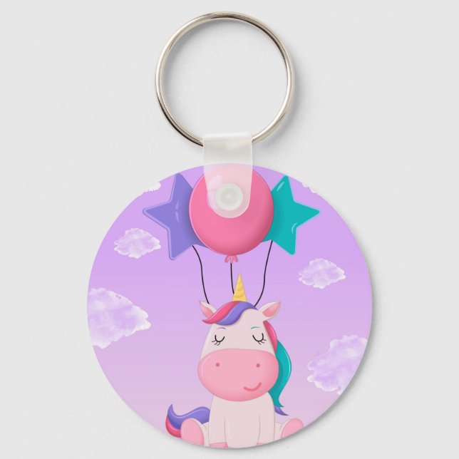 Cute Sitting Unicorn and Balloons Lilac Key Ring (Front)