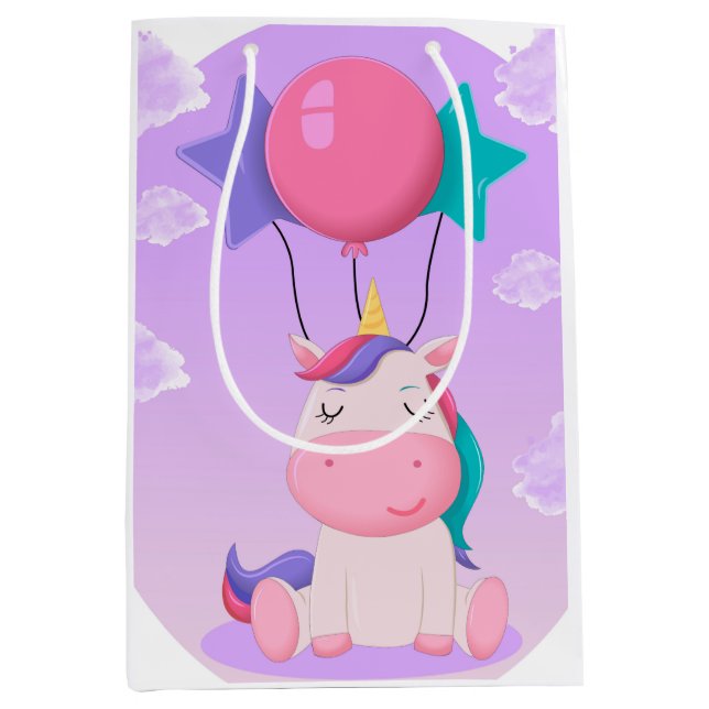 Cute Sitting Unicorn and Balloons Lilac Medium Gift Bag (Front)