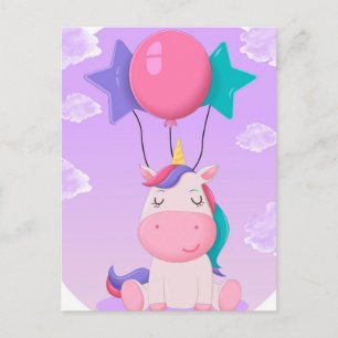 Cute Sitting Unicorn and Balloons Lilac Postcard