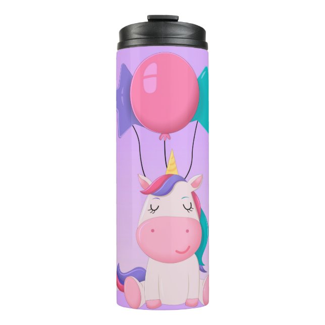Cute Sitting Unicorn and Balloons Lilac Thermal Tumbler (Front)