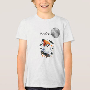 Cute Skate Boarding Ghost - Bats - Monogrammed Tri-Blend Shirt