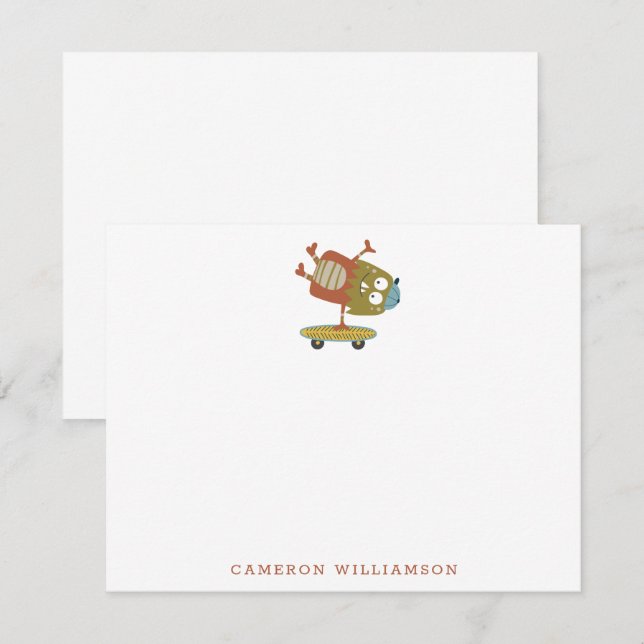 Cute Skateboard Monster Personalised Stationery Thank You Card (Front/Back)