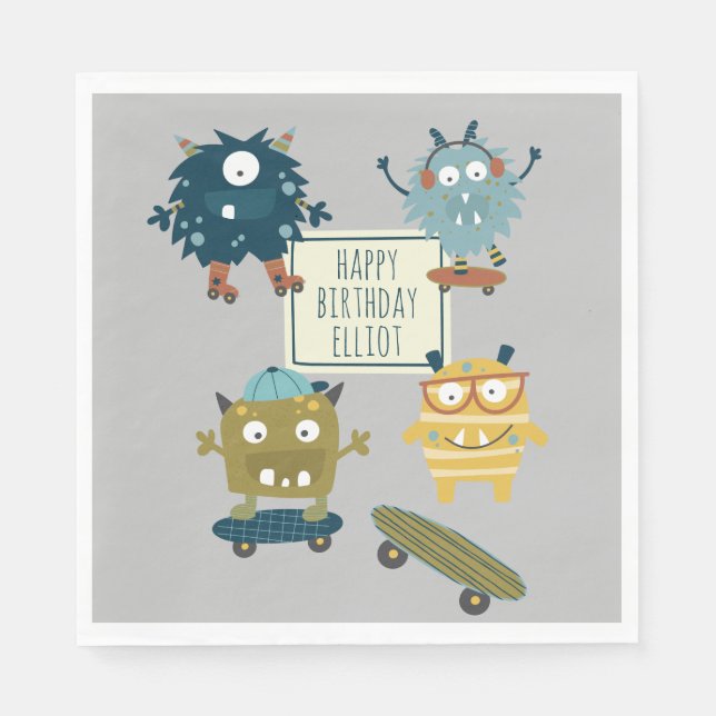 Cute Skateboard Monsters Personalised Birthday  Napkin (Front)