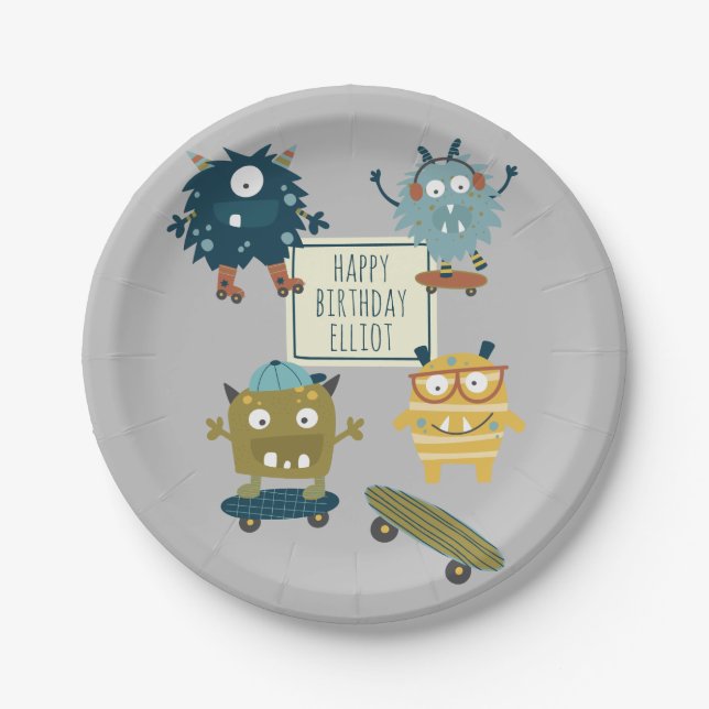 Cute Skateboard Monsters Personalised Birthday  Paper Plate (Front)