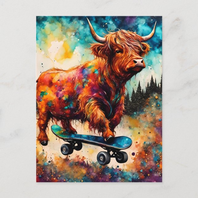 Cute Skateboarding Highland Cow Postcard (Front)