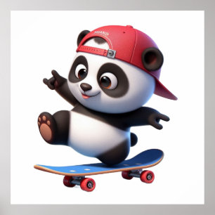 Cute Skateboarding Panda Illustration Poster
