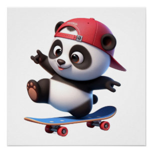 Cute Skateboarding Panda Illustration  Poster