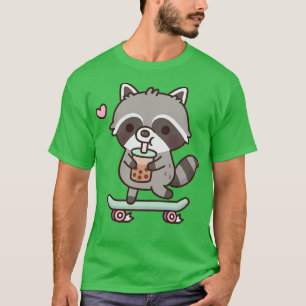 Cute Skateboarding Racoon Drinking Boba Tea T-Shirt