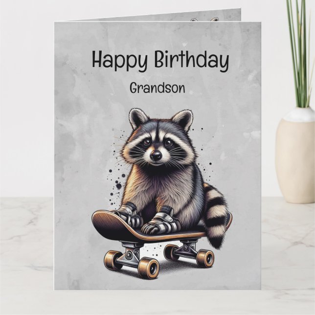 Cute Skateboarding Racoon Grandson Birthday Card (Front)