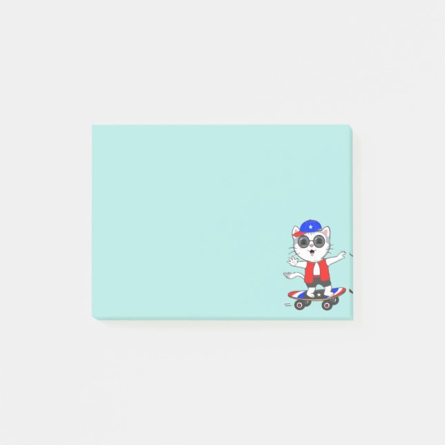 Cute Skater Cat on Light Teal Blue Post-it Notes (Front)