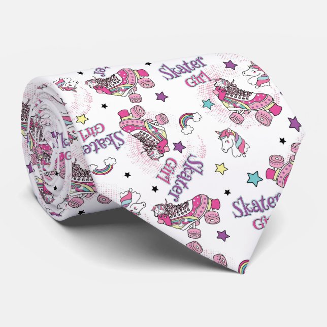 Cute Skater Girl Unicorn Roller Skate Pattern Tie (Rolled)