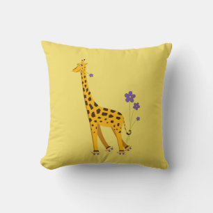 Cute Skating Giraffe With Flowers Yellow Kids Cushion