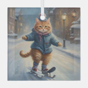Cute Skating Meowy Christmas Cat Lover  Glass Tree Decoration