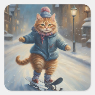 Cute Skating Meowy Christmas Cat Lover Square Sticker