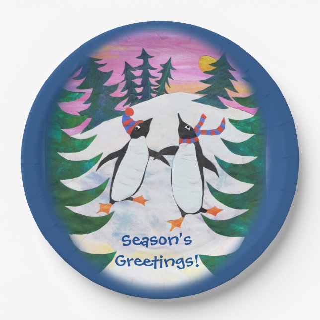 Cute Skating Penguins Snow-scene Paper Plate (Front)