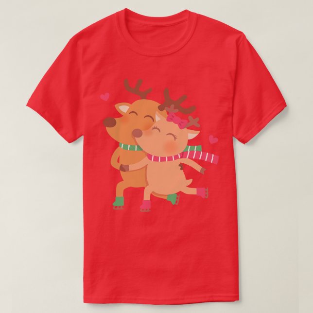 Cute Skating Reindeers Couple T-Shirt (Design Front)