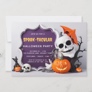 Cute Skeleton and Pumpkins Halloween Party Invitation