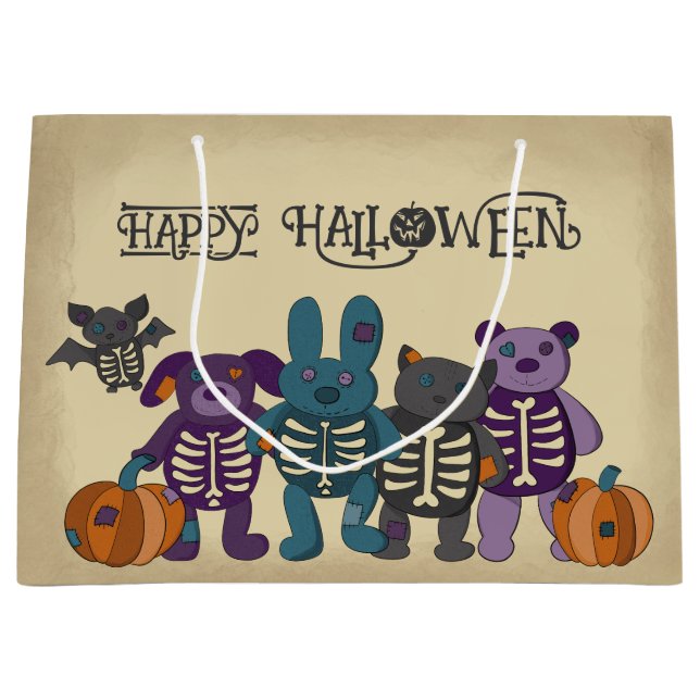 Cute Skeleton Animals and Pumpkins Halloween Large Gift Bag (Front)