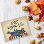 Cute Skeleton Animals and Pumpkins Halloween Postcard<br><div class="desc">Send some cute and slightly spooky greetings their way with this Halloween postcard. It features illustrations of cute stuffed animals with some of their skeletons showing for a slightly spooky look along with some patched plush pumpkins. There’s a bat, a bear, a cat, a dog and a rabbit. The animals...</div>