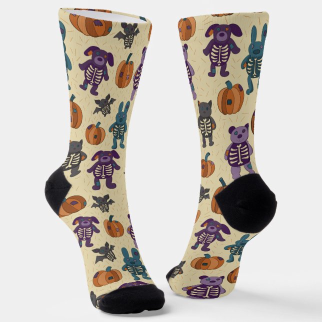 Cute Skeleton Animals and Pumpkins Halloween Socks (Angled)