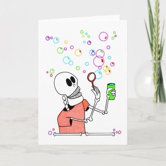 Cute Skeleton Blowing Bubbles into Wind   Card (Front)