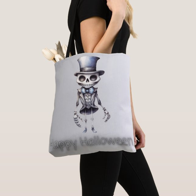 Cute Skeleton Bow Tie Top Hat Silver Halloween Tote Bag (Close Up)