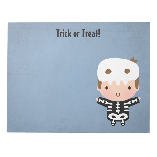 Cute Skeleton Boy Treat or Treat Kids Halloween Notepad (Front)