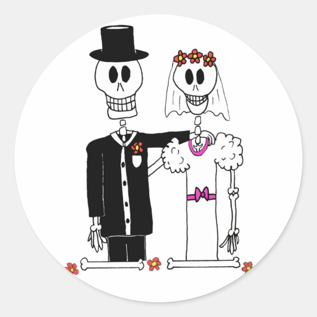Cute Skeleton Bride and Groom in Wedding Photo Classic Round Sticker (Front)