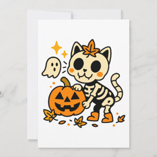 Cute Skeleton Cat with Pumpkin Invitation