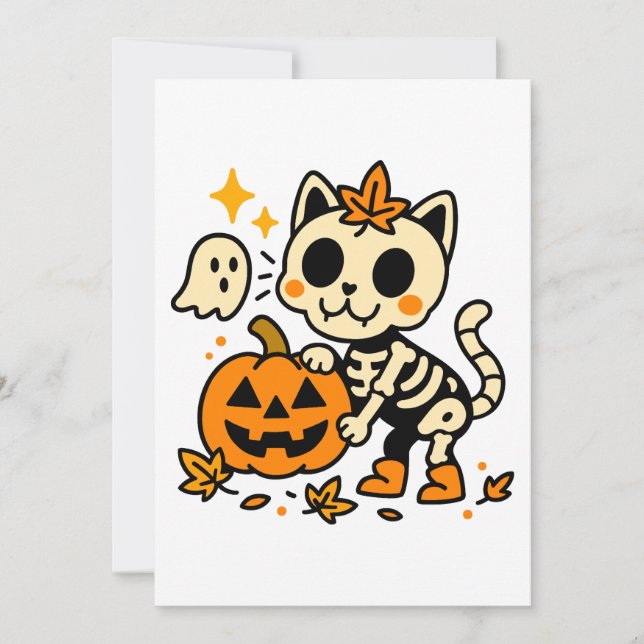 Cute Skeleton Cat with Pumpkin Invitation (Front)