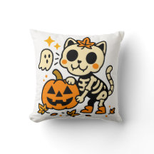 Cute Skeleton Cat with Pumpkin Throw Pillow