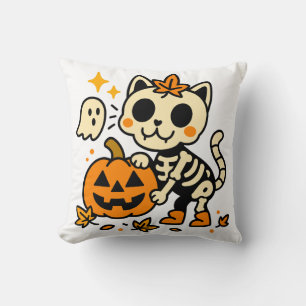 Cute Skeleton Cat with Pumpkin Throw Pillow