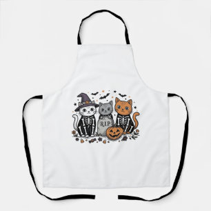 Cute Skeleton Cats Halloween Vintage Engraving Shi Apron