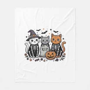Cute Skeleton Cats Halloween Vintage Engraving Shi Fleece Blanket