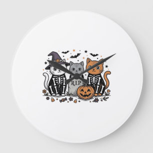 Cute Skeleton Cats Halloween Vintage Engraving Shi Large Clock