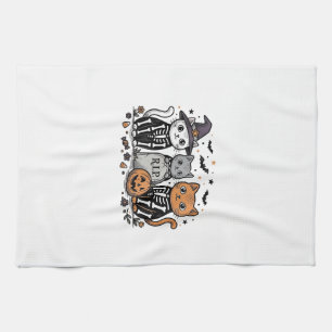 Cute Skeleton Cats Halloween Vintage Engraving Shi Tea Towel