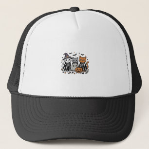 Cute Skeleton Cats Halloween Vintage Engraving Shi Trucker Hat