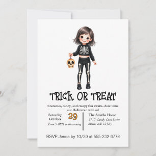 Cute Skeleton Child On Halloween In Costume Invitation