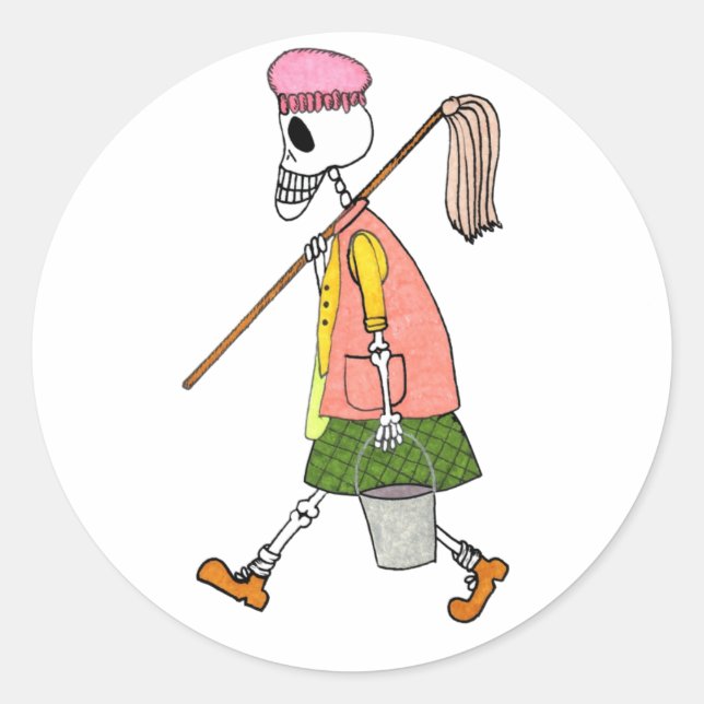 Cute Skeleton Cleaning Woman Mop & Pail Classic Round Sticker (Front)