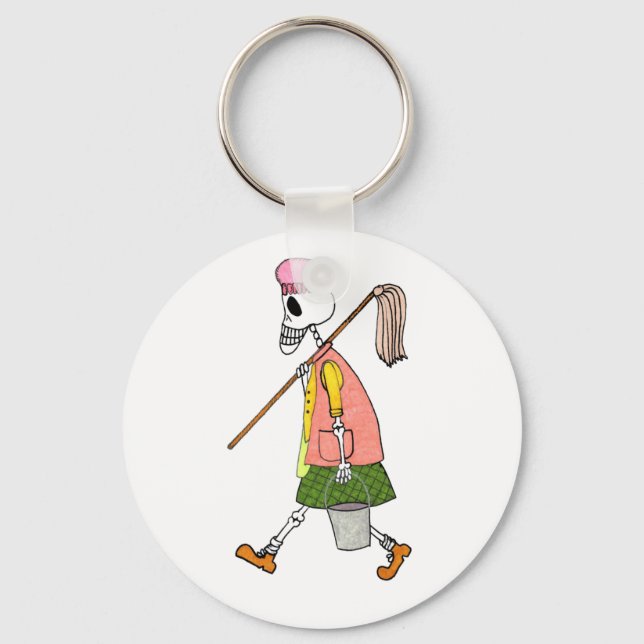 Cute Skeleton Cleaning Woman Mop & Pail Key Ring (Front)