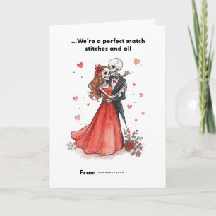 Cute Skeleton Couple Stitched Heart Valentine Card