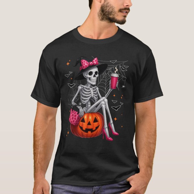 Cute Skeleton Drinking Coffee Lover Halloween Cost T-Shirt (Front)