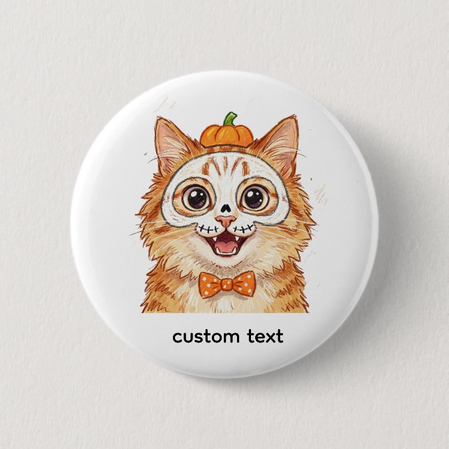Cute Skeleton Face Paint Ginger Cat Halloween  6 Cm Round Badge (Front)