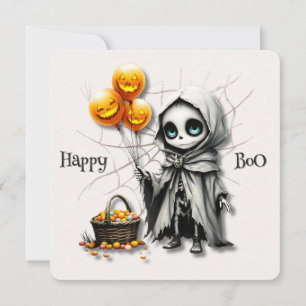 Cute Skeleton Girl with Pumpkin Balloons  Holiday Card