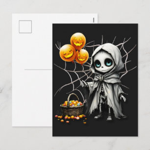 Cute Skeleton Girl with Pumpkin Balloons  Holiday Postcard