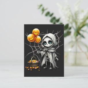 Cute Skeleton Girl with Pumpkin Balloons Postcard