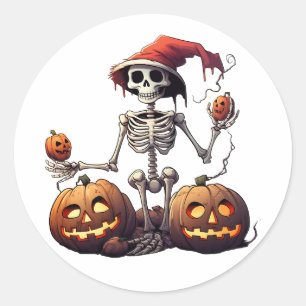 Cute Skeleton Halloween Witch Pumpkin Classic Round Sticker